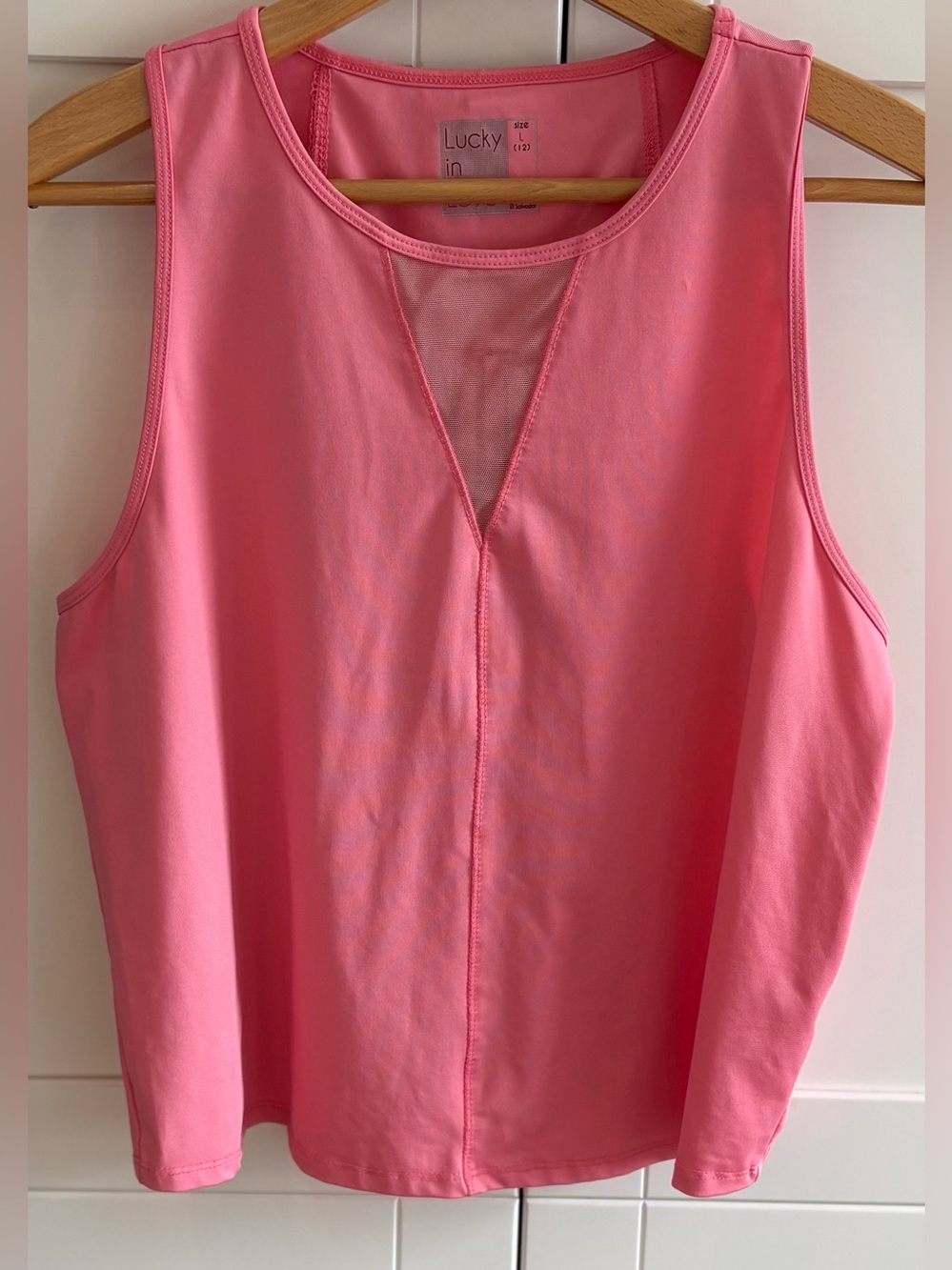 LUCKY IN LOVE LARGE ( 12 ) PLEATS PLEASE - TAFFY PINK TANK TOP EXCELLENT PRE-OWN
